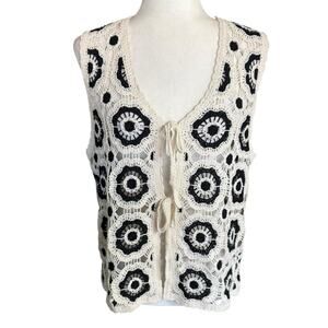 Adiva Crochet Vest Tie Front Black Ivory Sheer Large Bohemian Hippie Whimsigoth